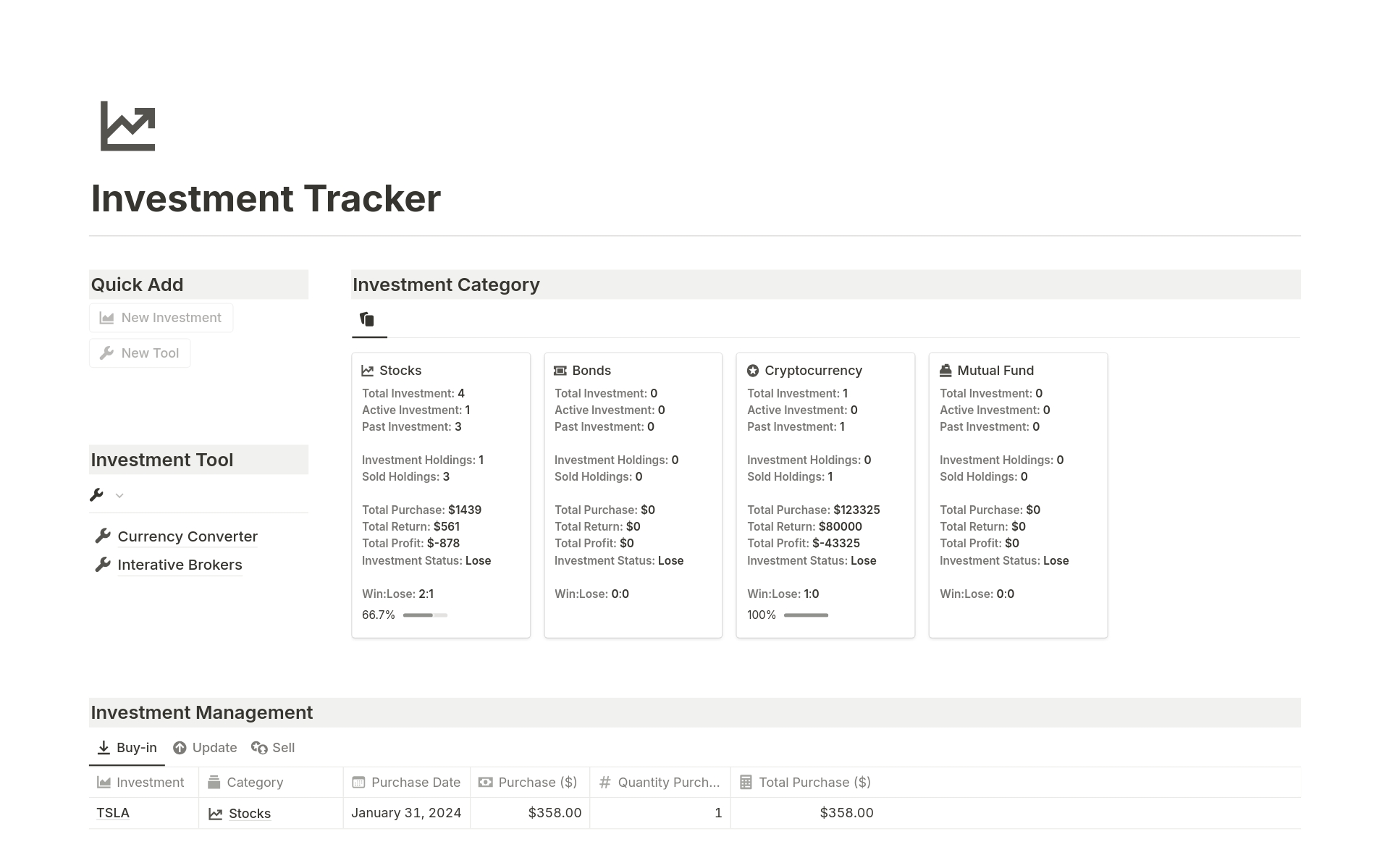 A template preview for The Investment Tracker