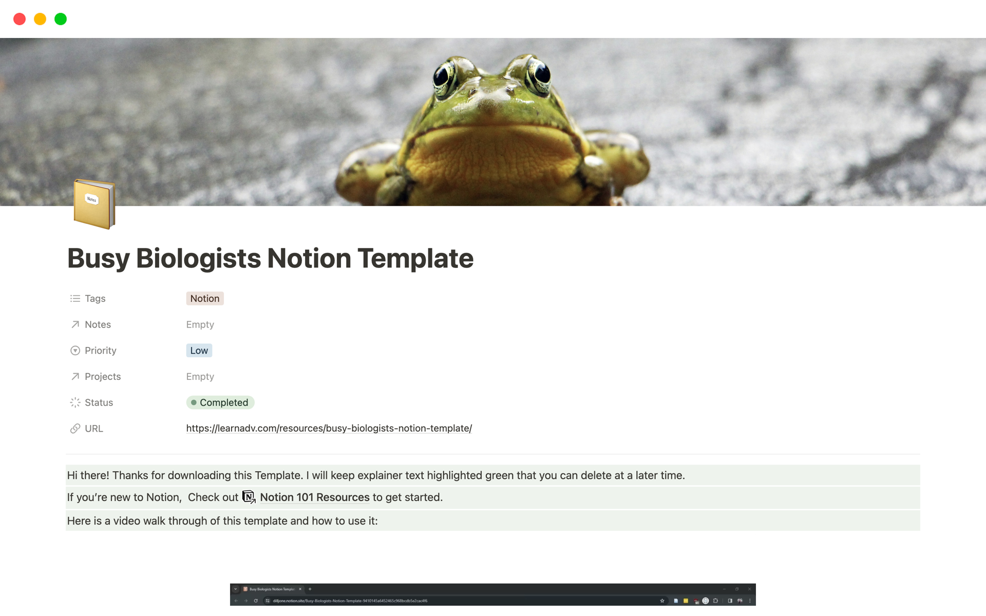 A template preview for Research Management for Busy Biologists