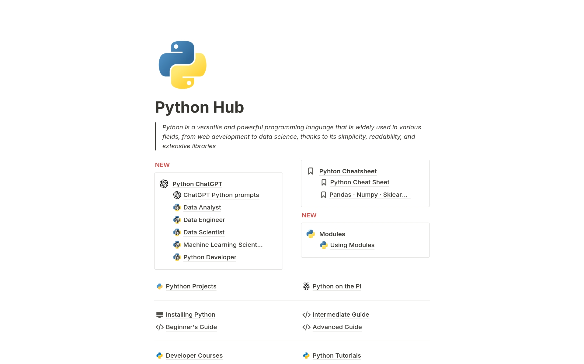 Capture and Organize all you Python Knowledge
Introducing the ultimate Python Mastery Template, meticulously crafted to empower your journey into the realm of Python programming. This comprehensive Notion template is designed to be your one-stop resource, 