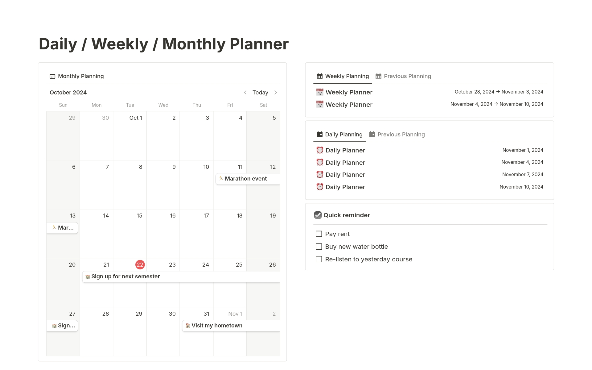 Daily / Weekly / Monthly Planner Simple Schedule Notion Template