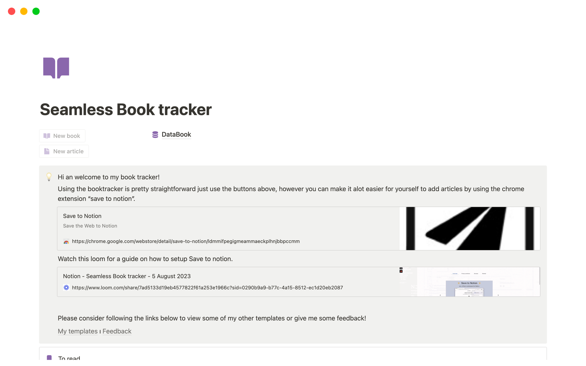 A template preview for Seamless Book tracker