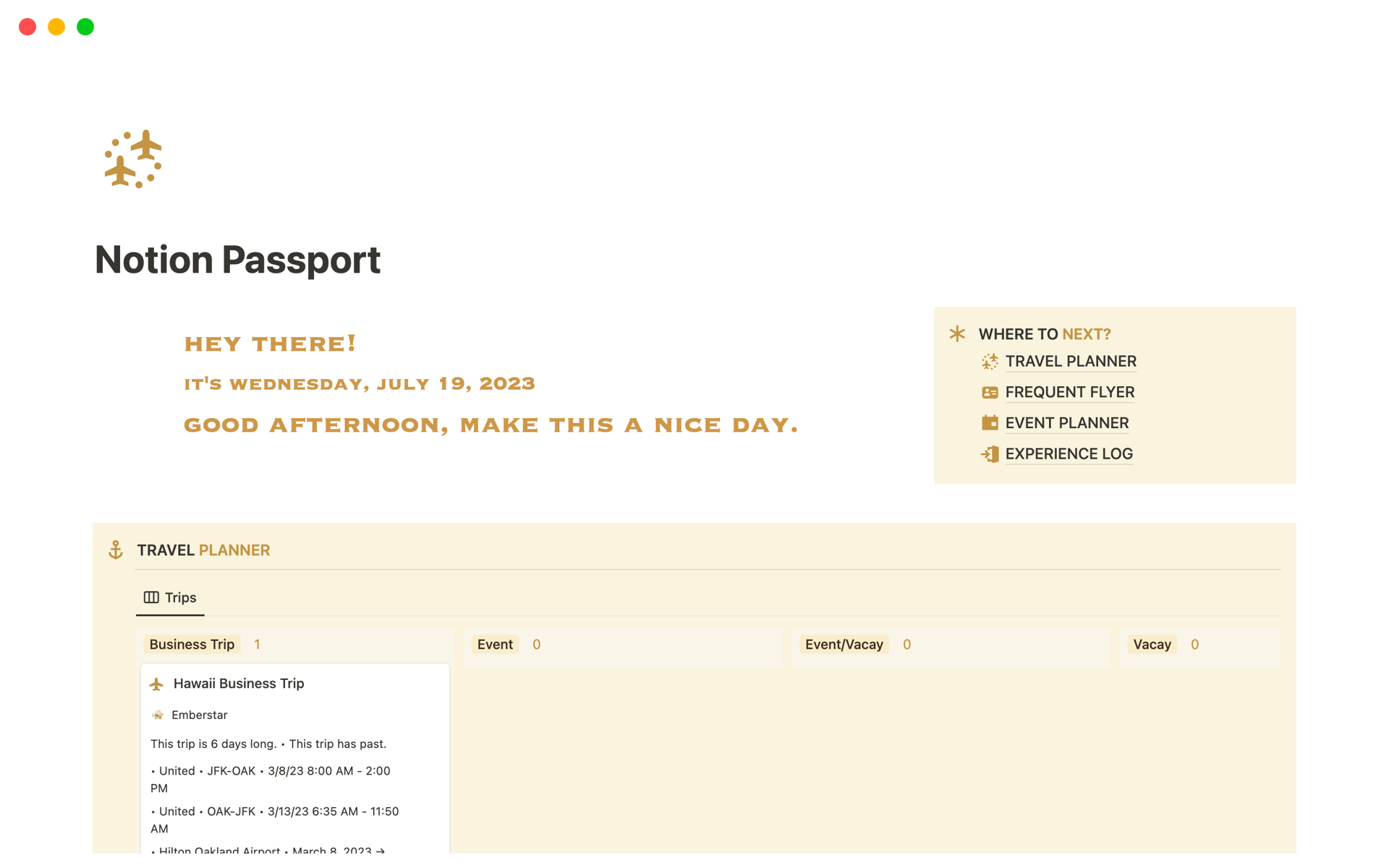 A template preview for Notion Passport
