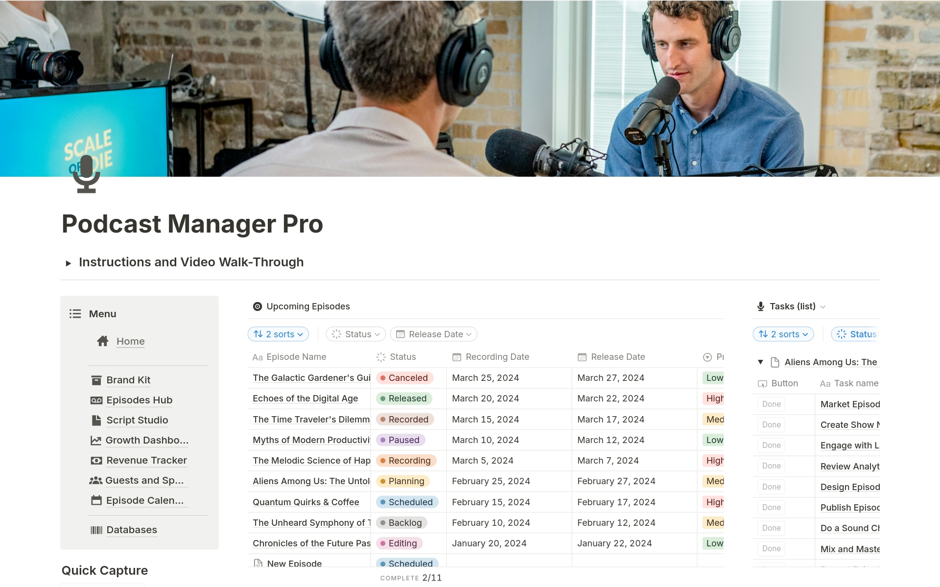 The Podcast Production Manager Pro is specifically catered to Podcasters who want to make their passion their profession. Offering expertly designed features for the everyday management of a Podcast, it includes features to monitor and increase revenue and sponsorship. 