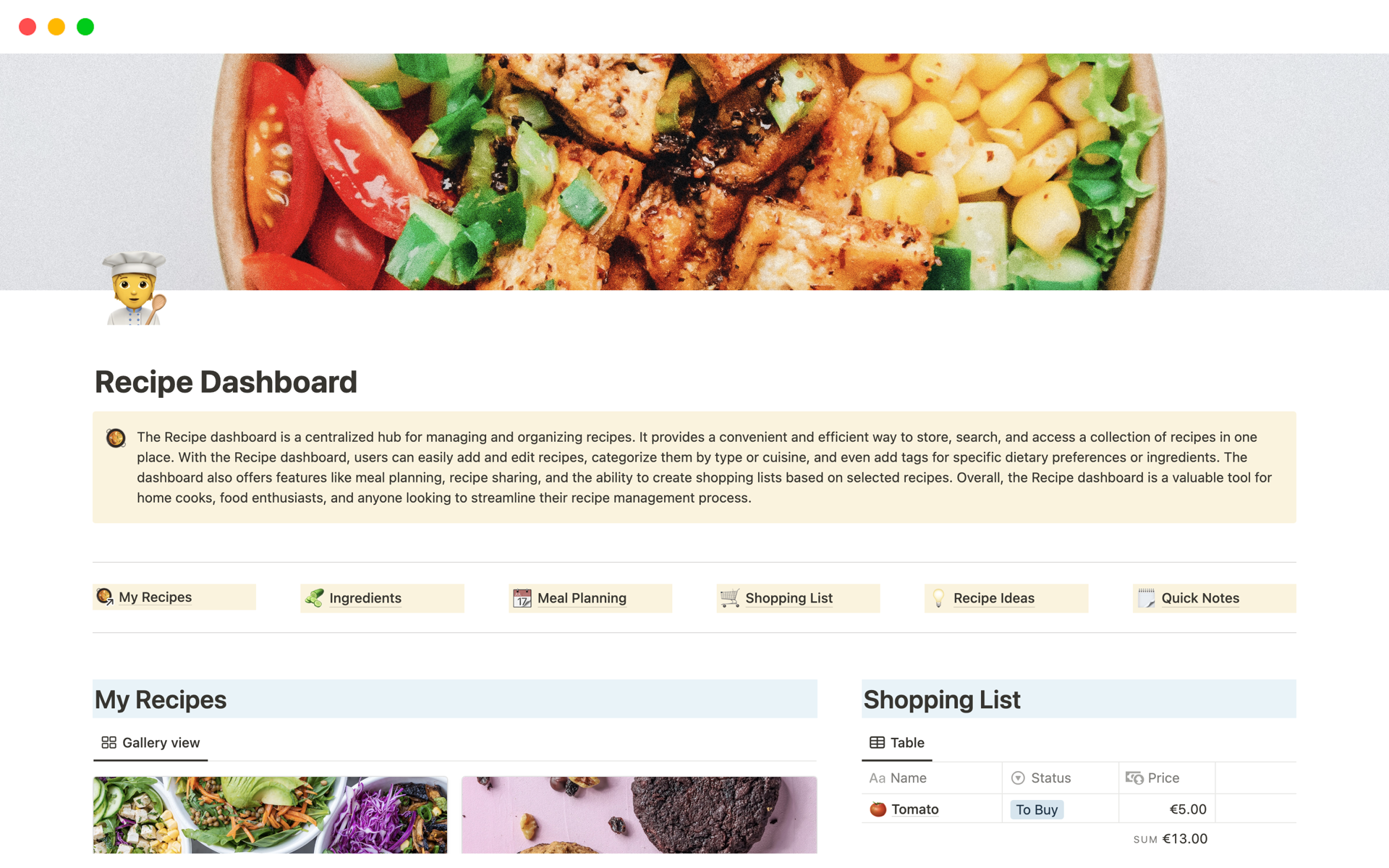 A template preview for Recipe Dashboard