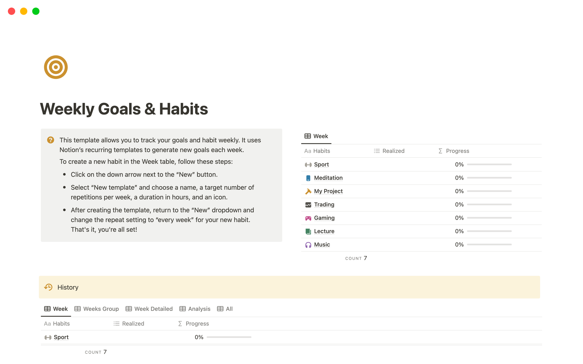 A template preview for Weekly Goals & Habits