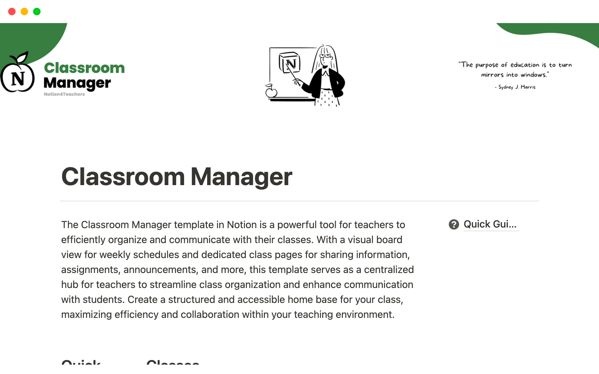 A template preview for Classroom Manager for Teachers