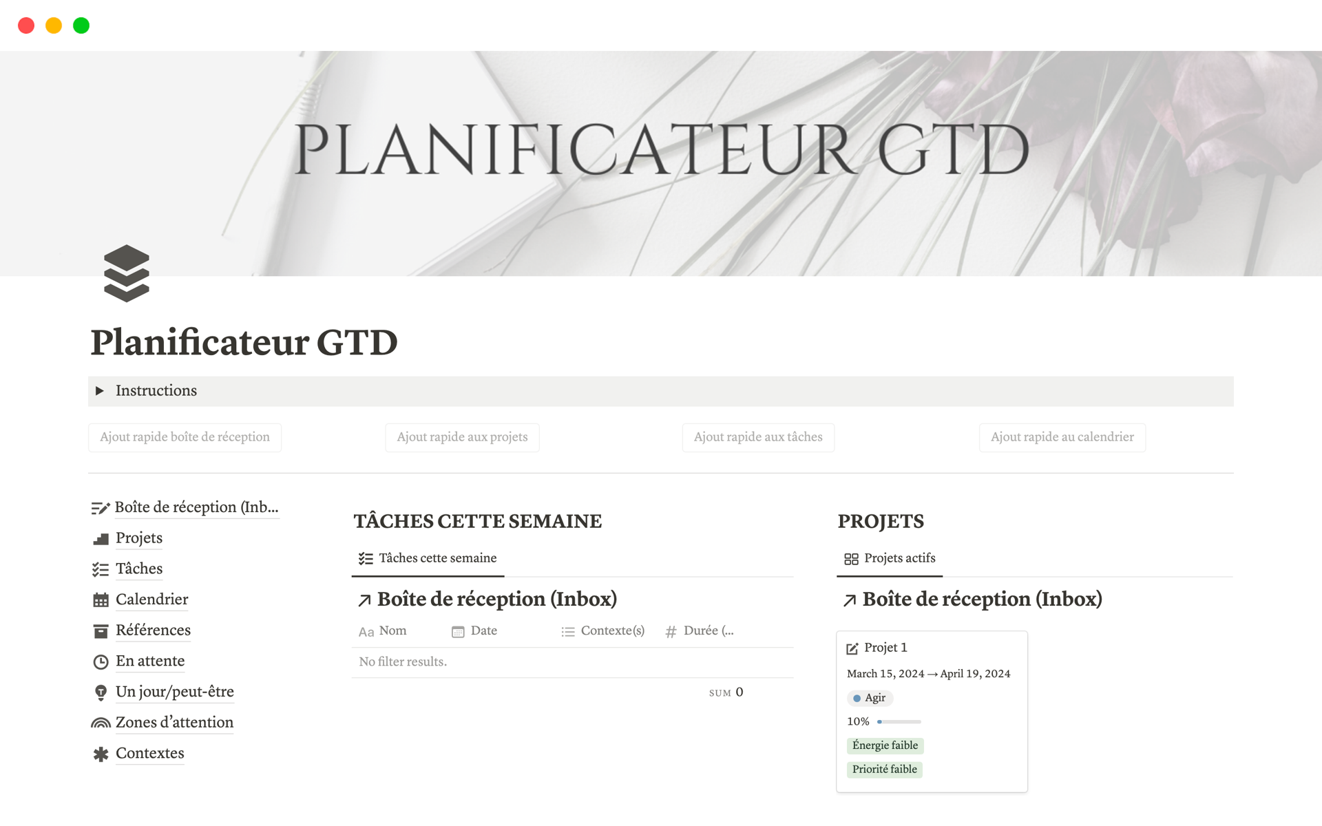 A template preview for Planificateur GTD