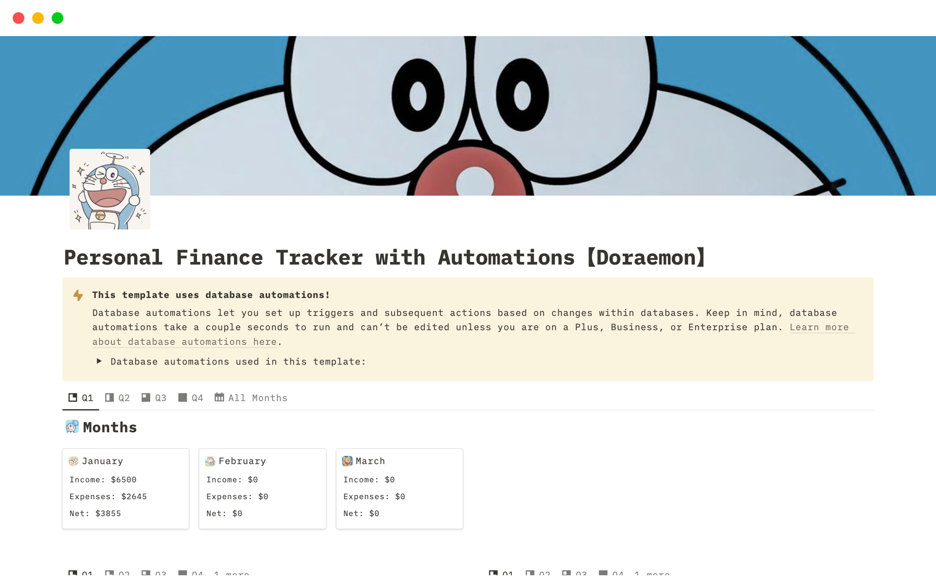 A template preview for Personal Finance Tracker (Doraemon)
