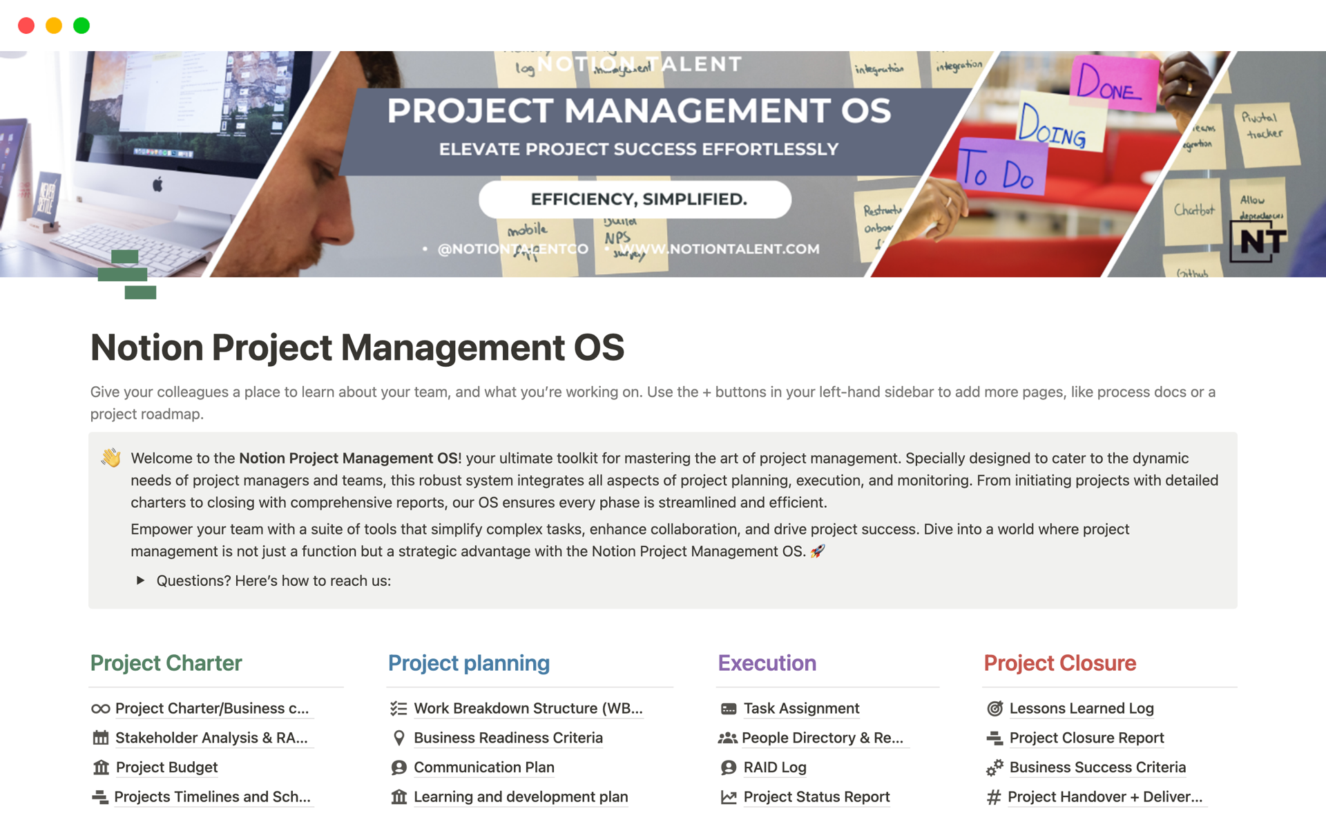 Uma prévia do modelo para Project Management OS