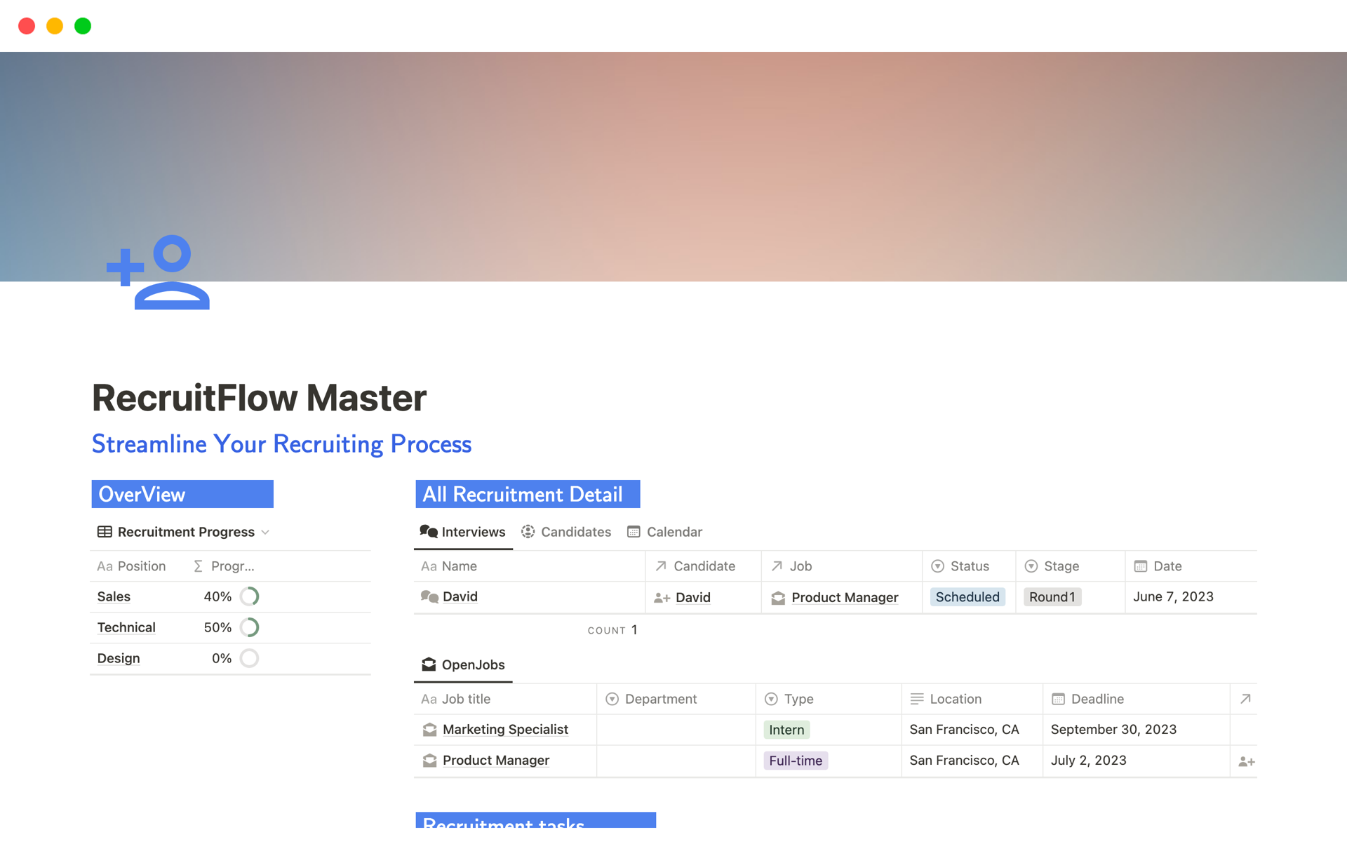 A template preview for Recruit Flow Master