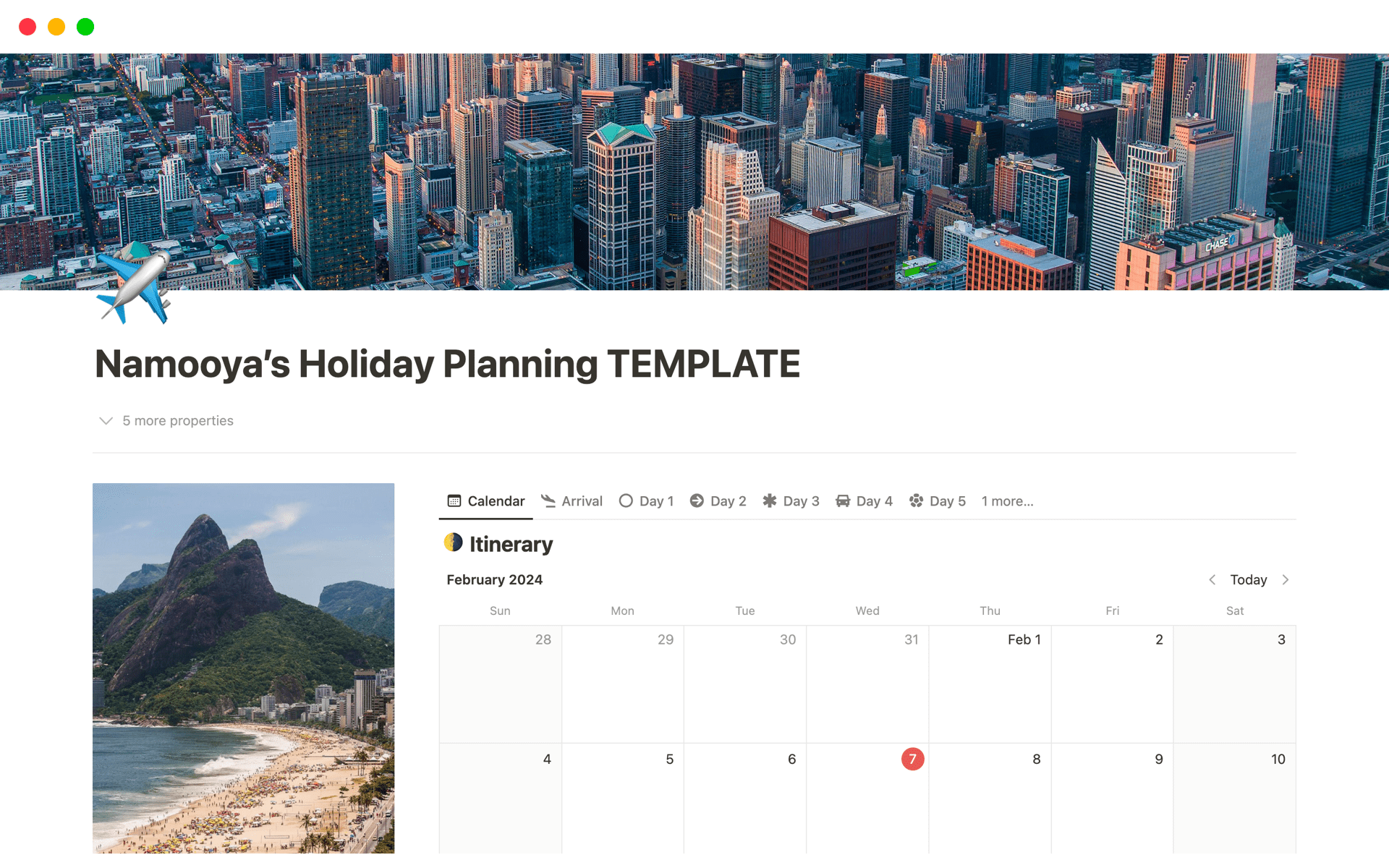 A template preview for Namooya’s Holiday Planning