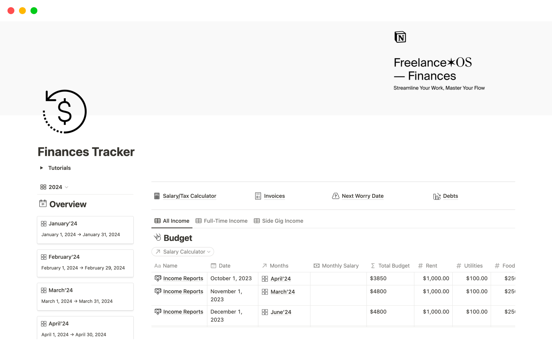 A template preview for Finance Tracker for Freelancer