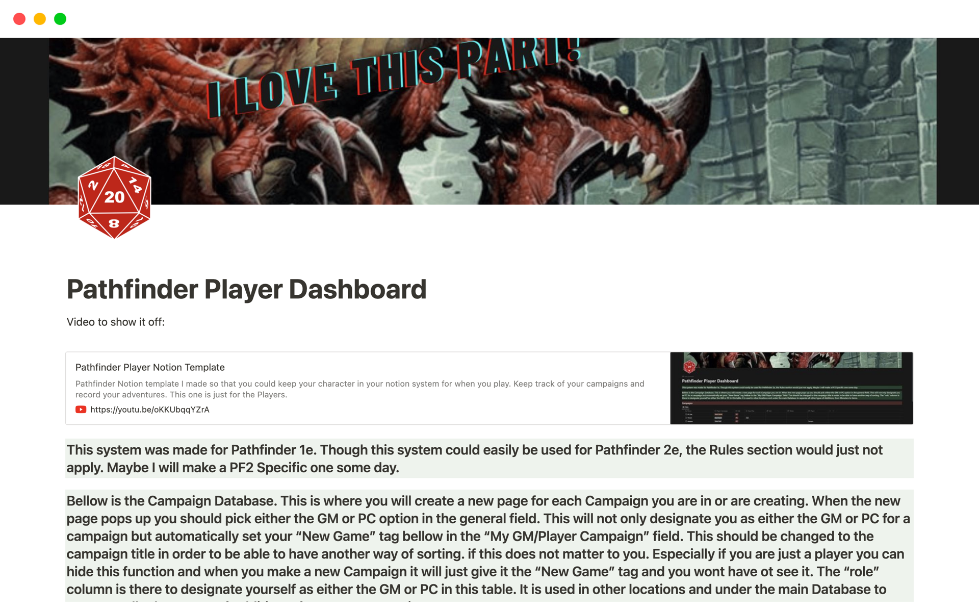 A template preview for Pathfinder Player Dashboard