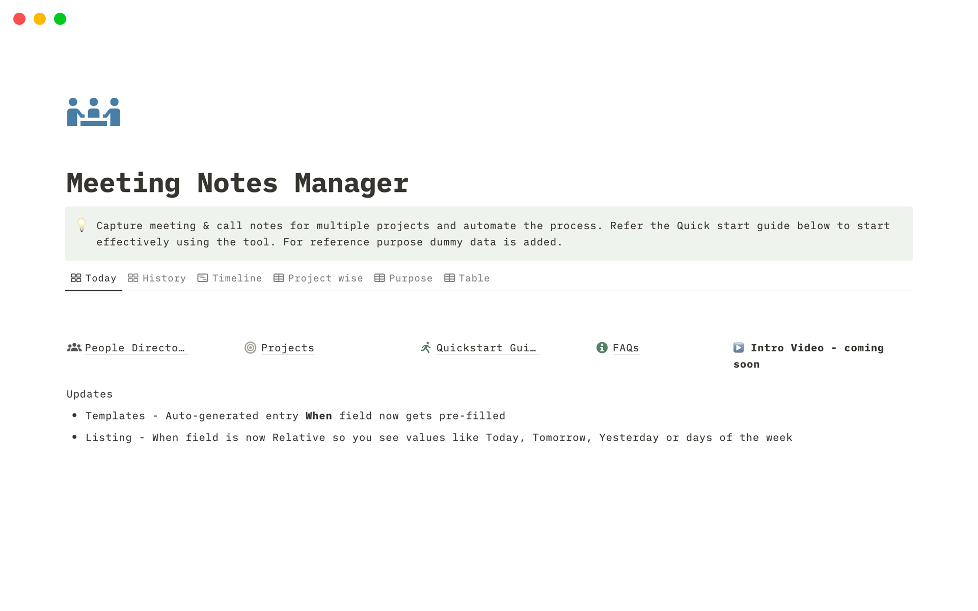 A template preview for Meeting Notes Manager