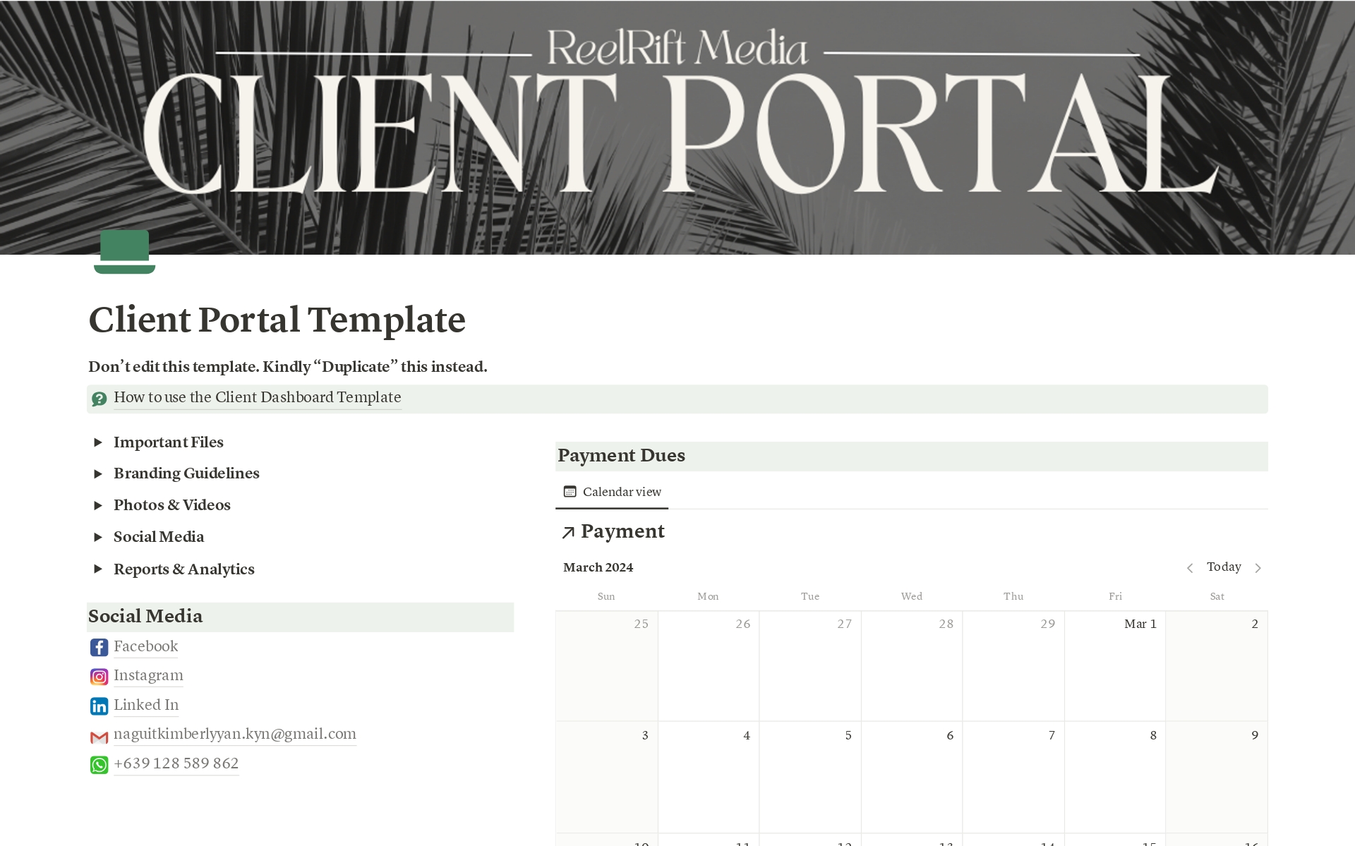 A template preview for Social Media Manager's Client Dashboard