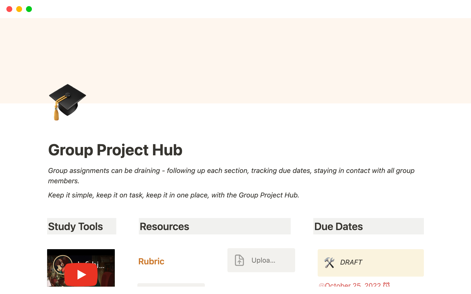 A template preview for Group project hub