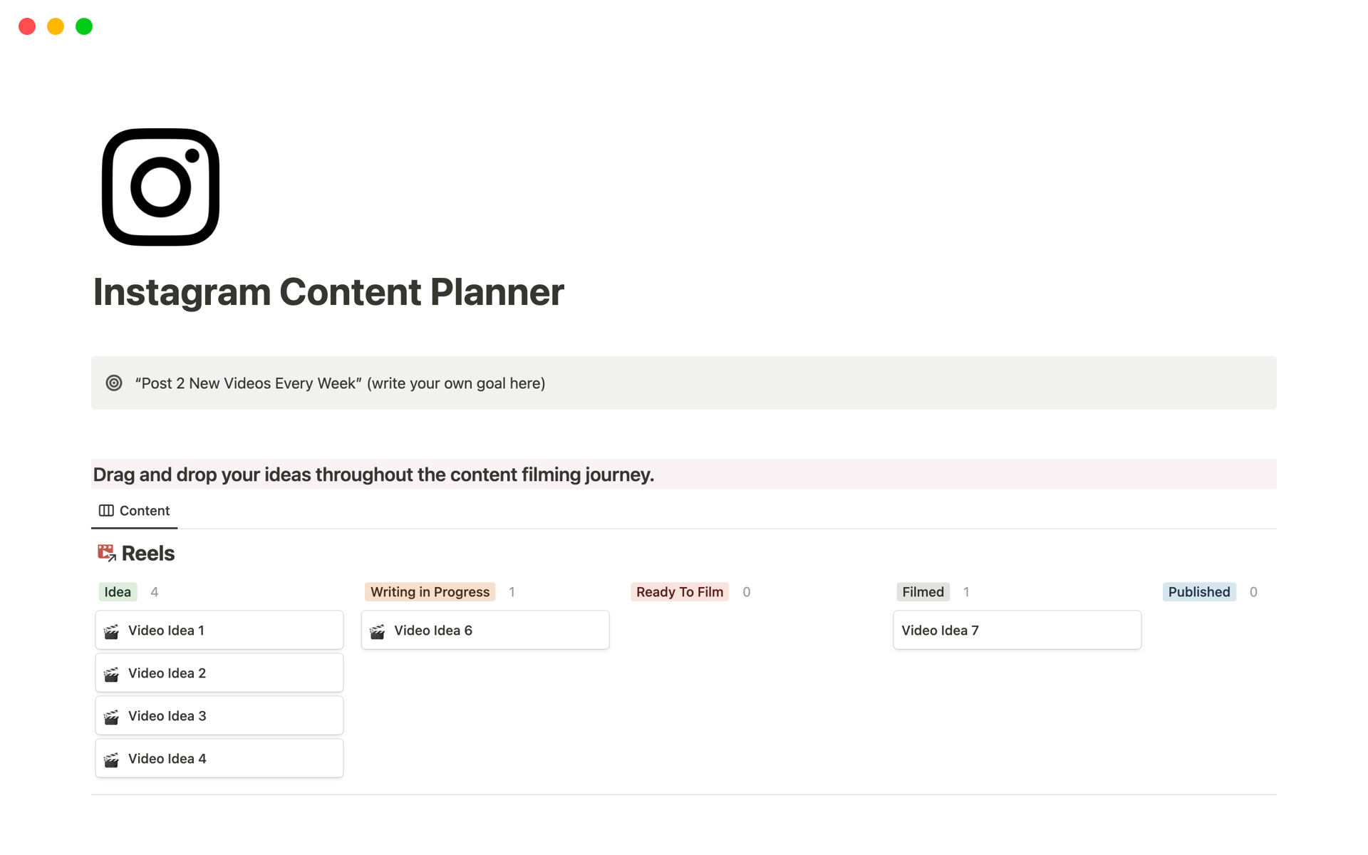 This template streamlines Instagram content planning with drag-and-drop video ideas, a dynamic content calendar, and organized reference sections for bio details, hashtags, and inspiration.