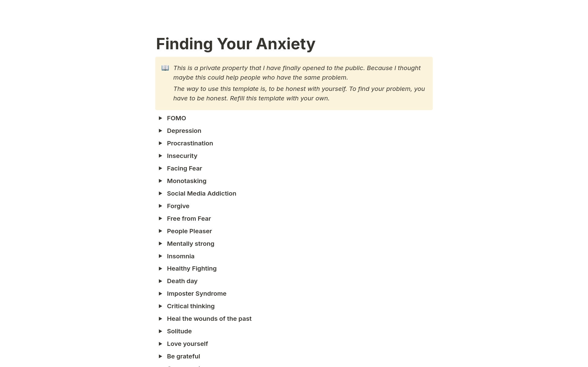 A template preview for Finding Your Anxiety