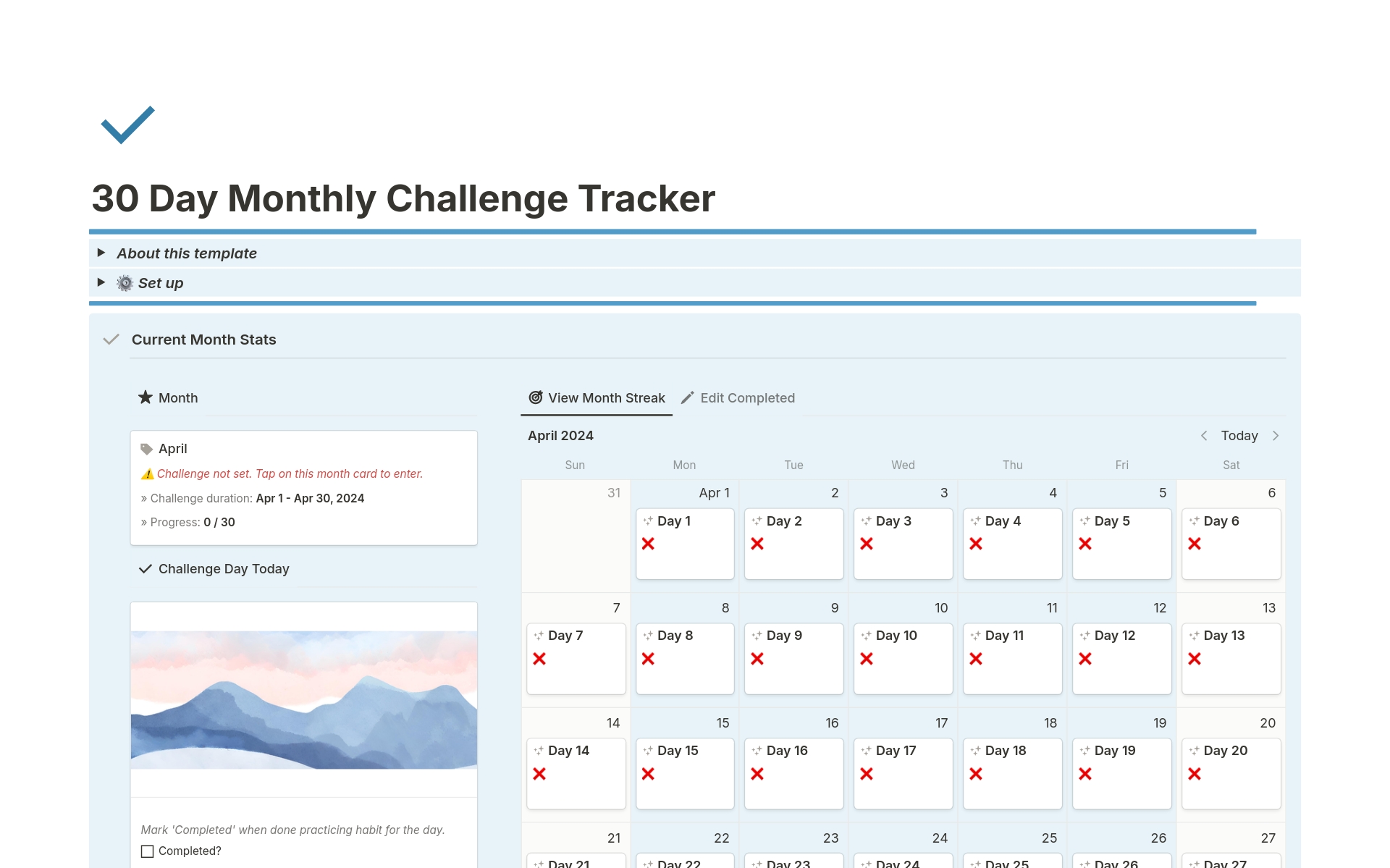 Vista previa de una plantilla para 30 Day Monthly Challenge Tracker