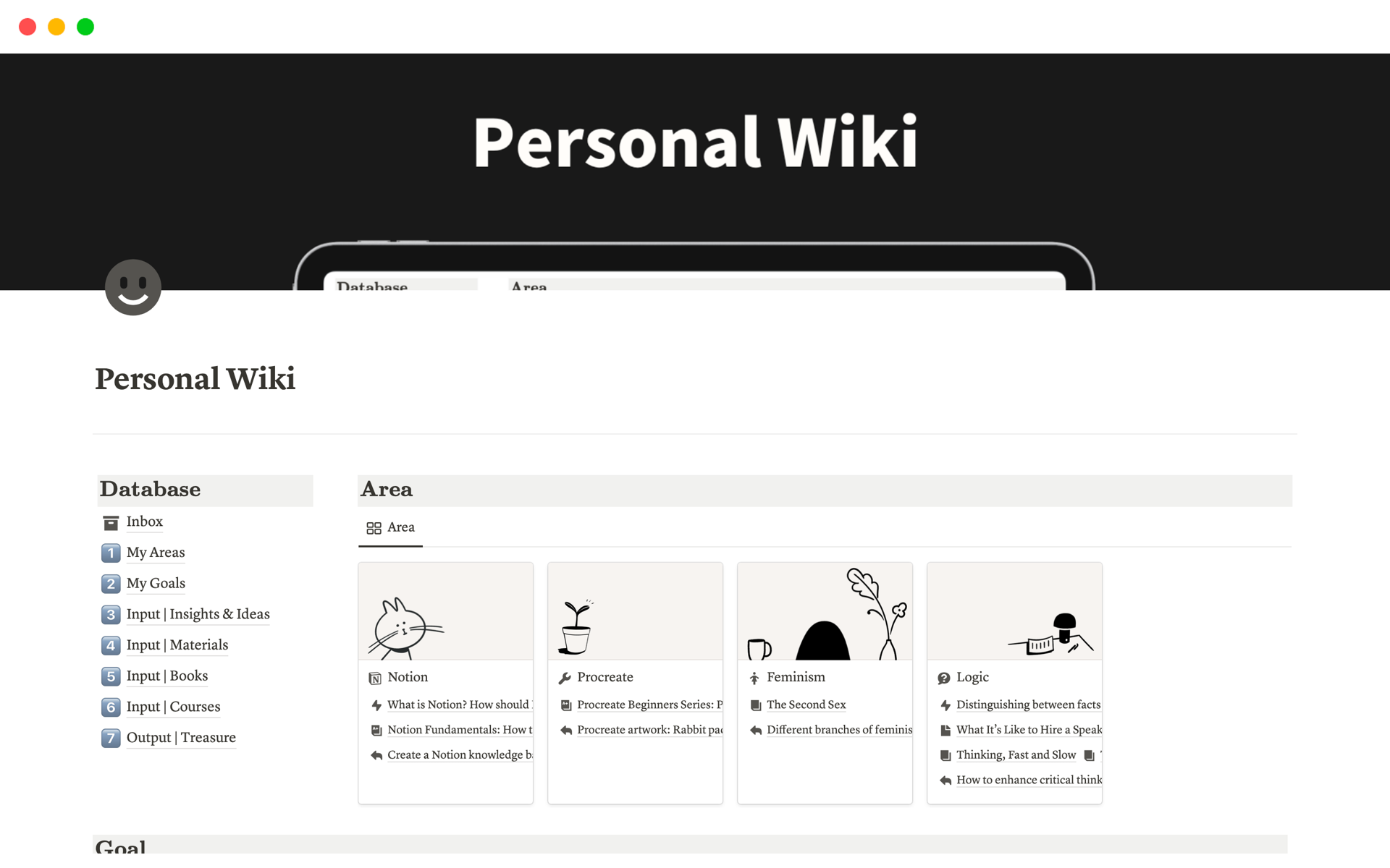 A template preview for Personal Wiki