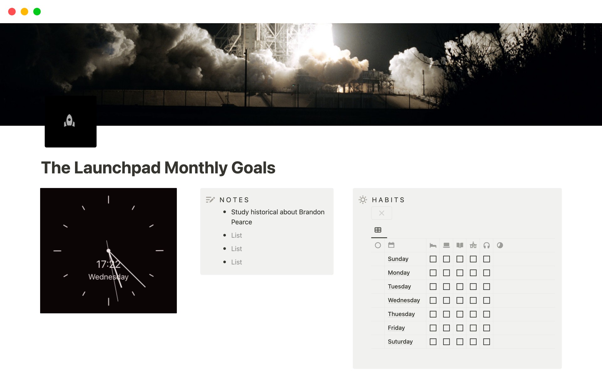 A template preview for The Launchpad Monthly Goals