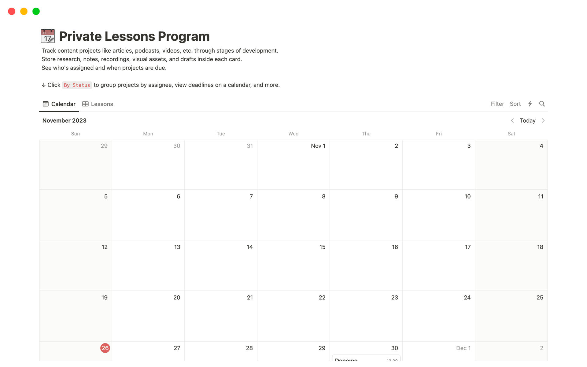 A template preview for Private Lessons Program