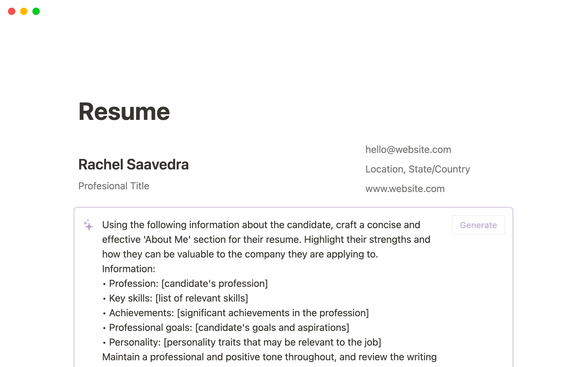 A template preview for Notion Resume Template