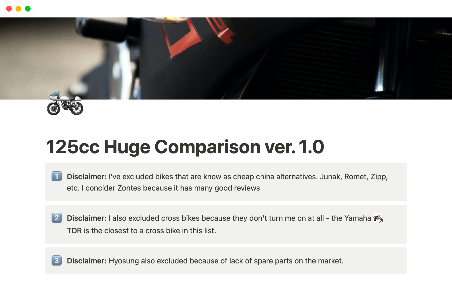 A template preview for 125cc Motorbike Comparison