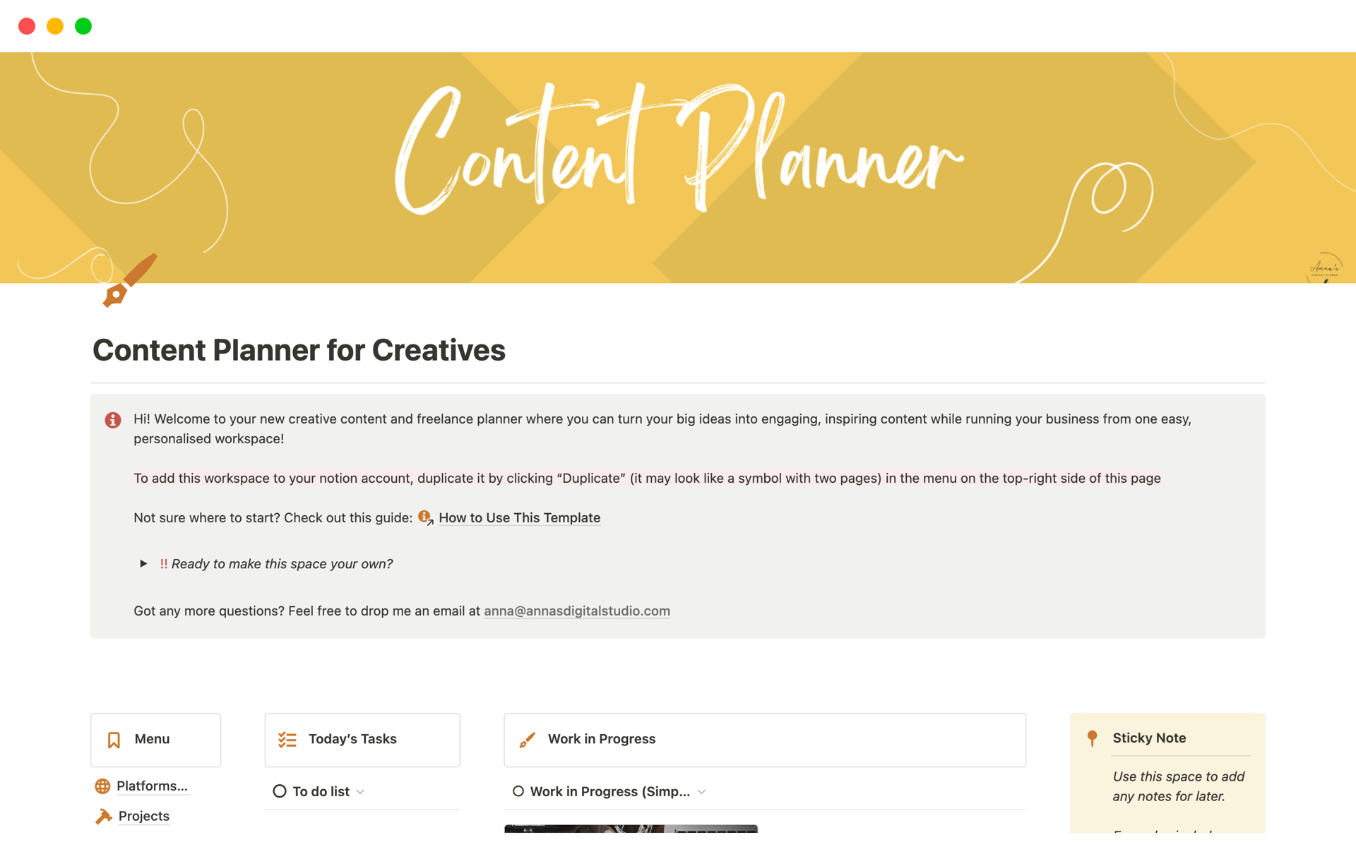 Vista previa de una plantilla para Content Planner for Freelancers and Creatives