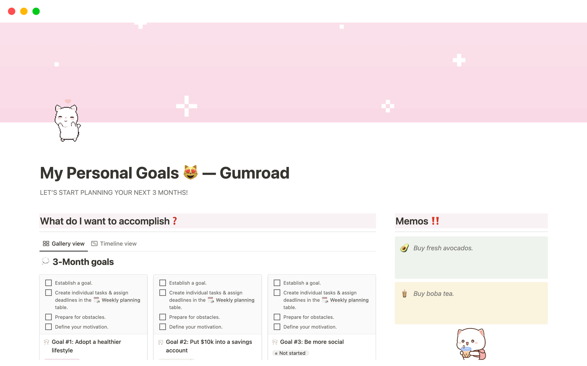 A template preview for Personal Goals planner | Kawaii Aesthetic