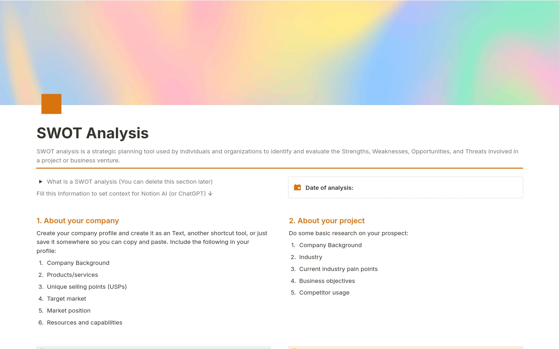 Vista previa de plantilla para SWOT Analysis w/ AI