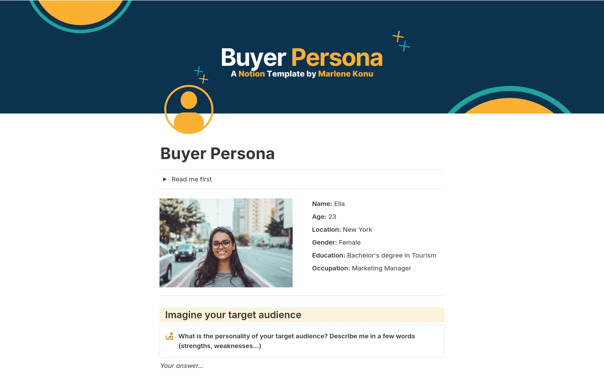 This Notion template serves as a strategic tool for businesses to establish their buyer personas, offering a step-by-step guide to outline the unique attributes of their target audience.