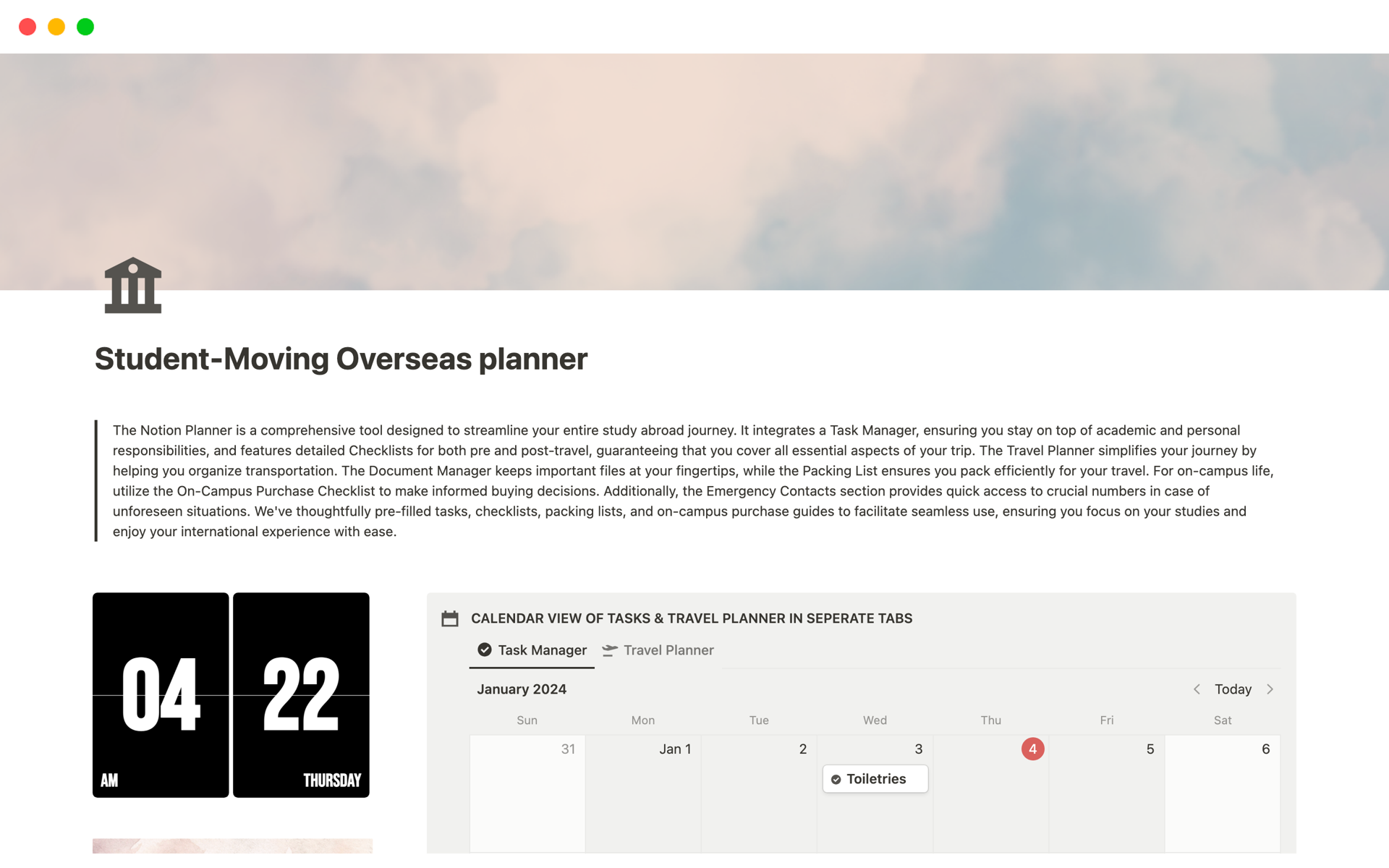 Student-Moving Overseas planner - provides a checklist, a to-do list, task manager, packing list, on-campus purchase list and a travel plan for students travelling overseas.