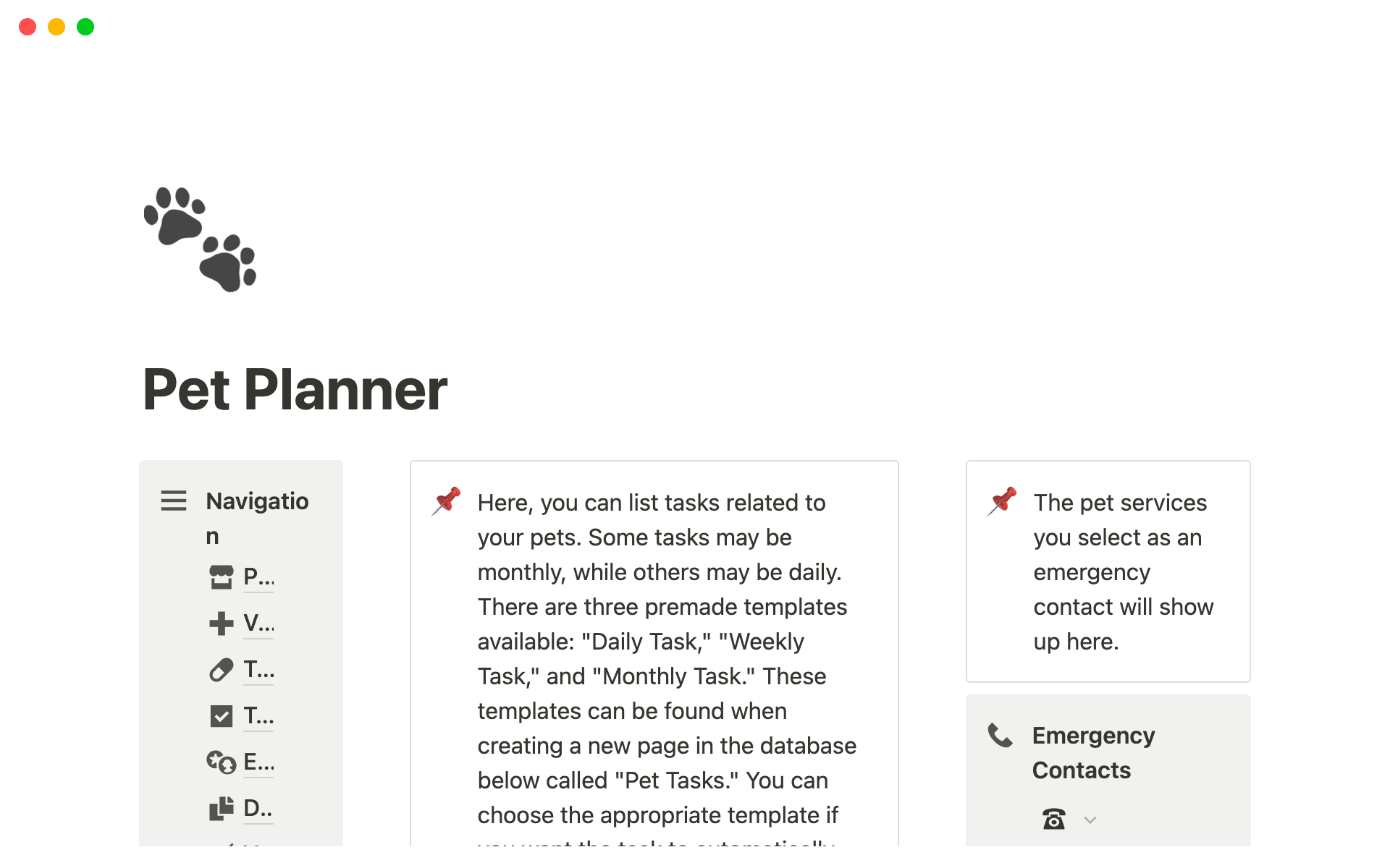 Vista previa de una plantilla para Pet Planner