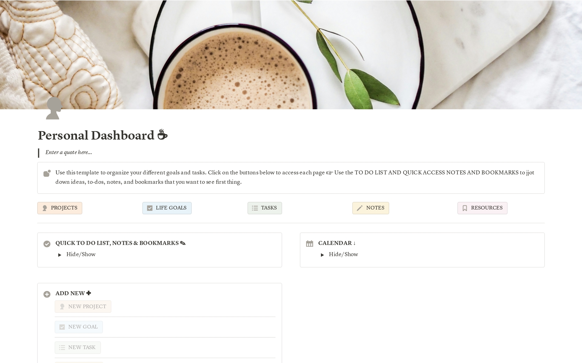 This personal dashboard is perfect for anyone in need of an easy to use homepage where you can access your goals, notes, tasks, and more while utilizing functional buttons and databases.
