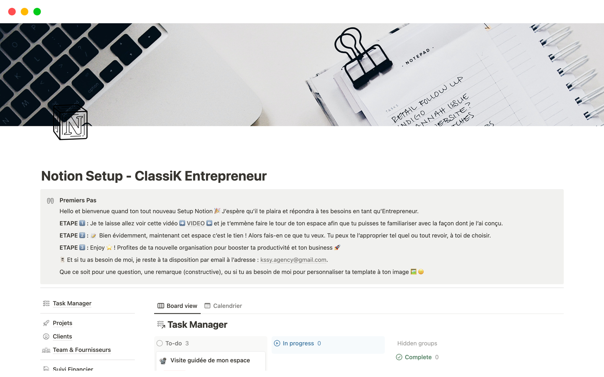 A template preview for Notion Setup - ClassiK Entrepreneur