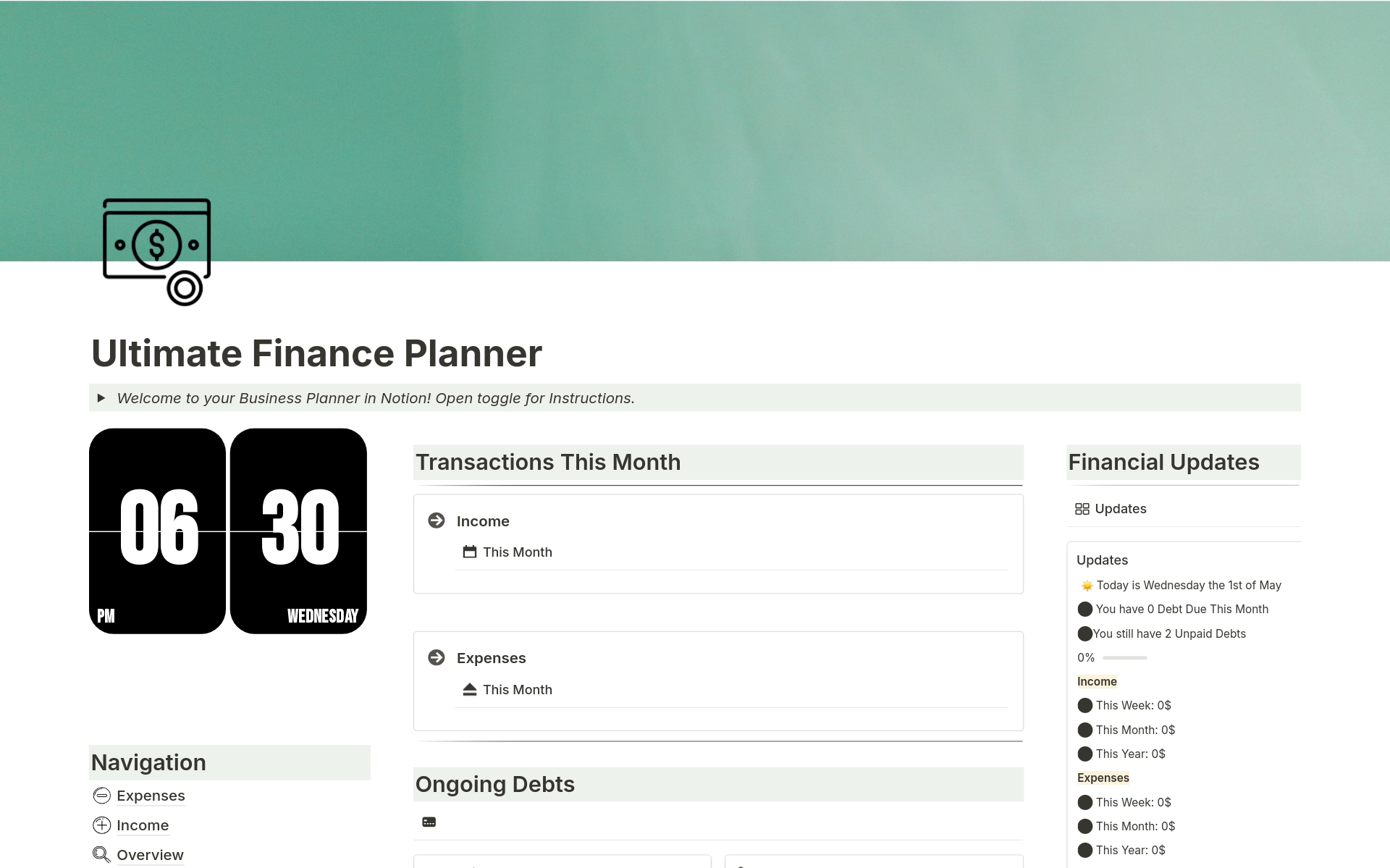 Finance Planner and Trackerのテンプレートのプレビュー