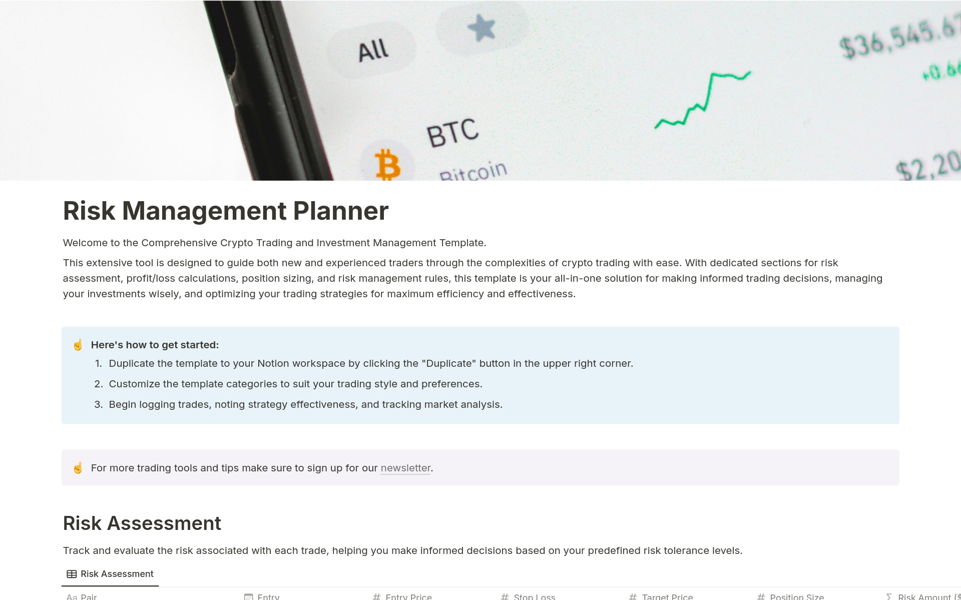 Vista previa de plantilla para Crypto Risk Management Planner