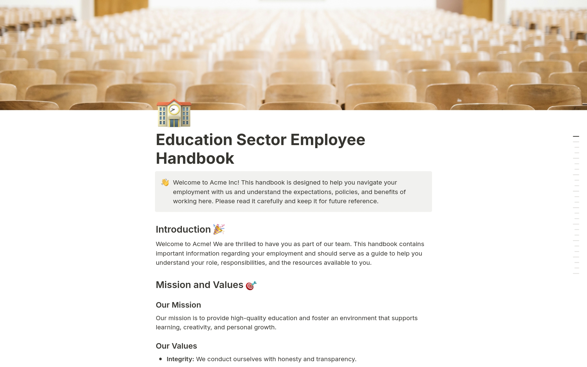 A template preview for Education Sector Employee Handbook