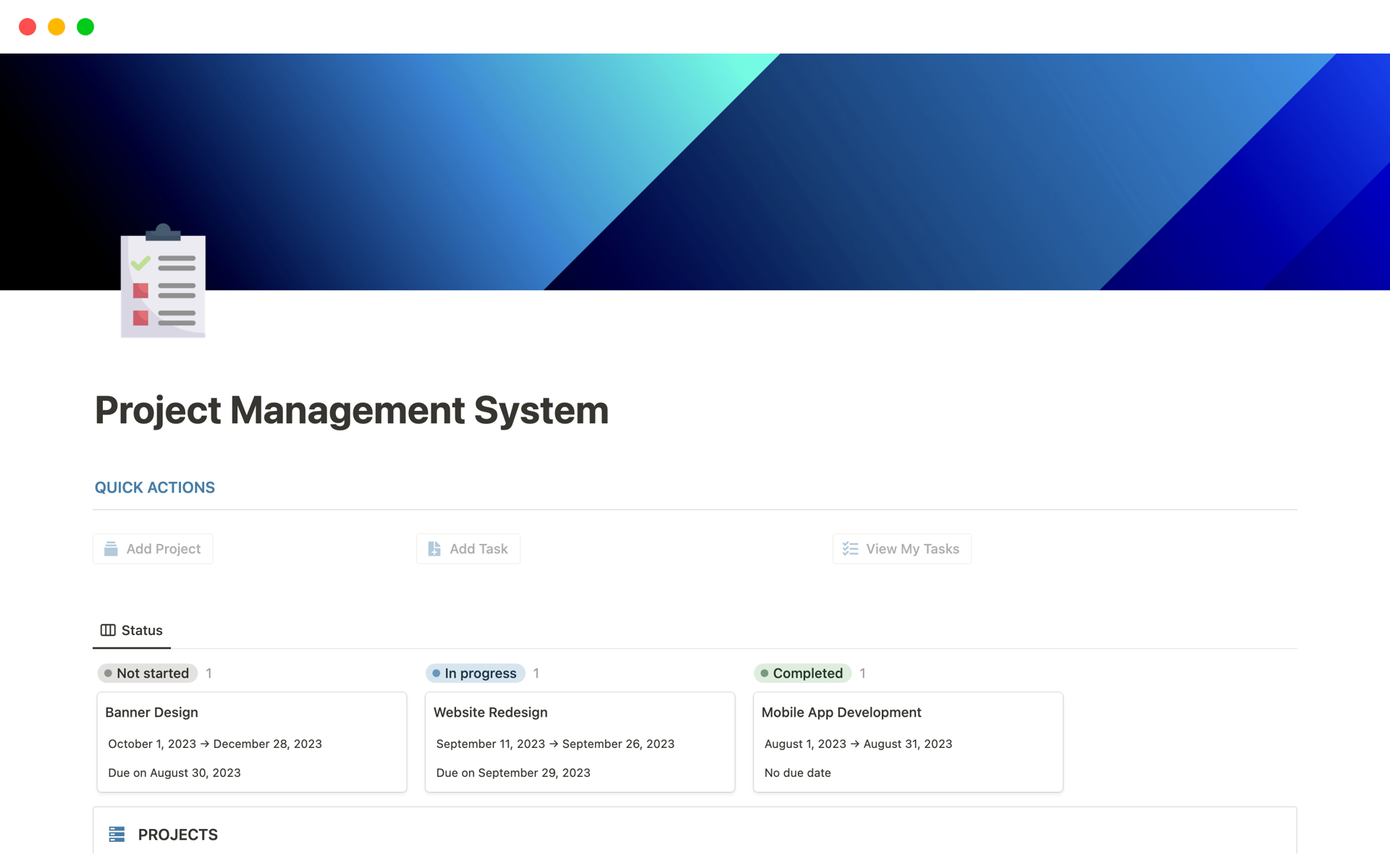 A template preview for Project Management System