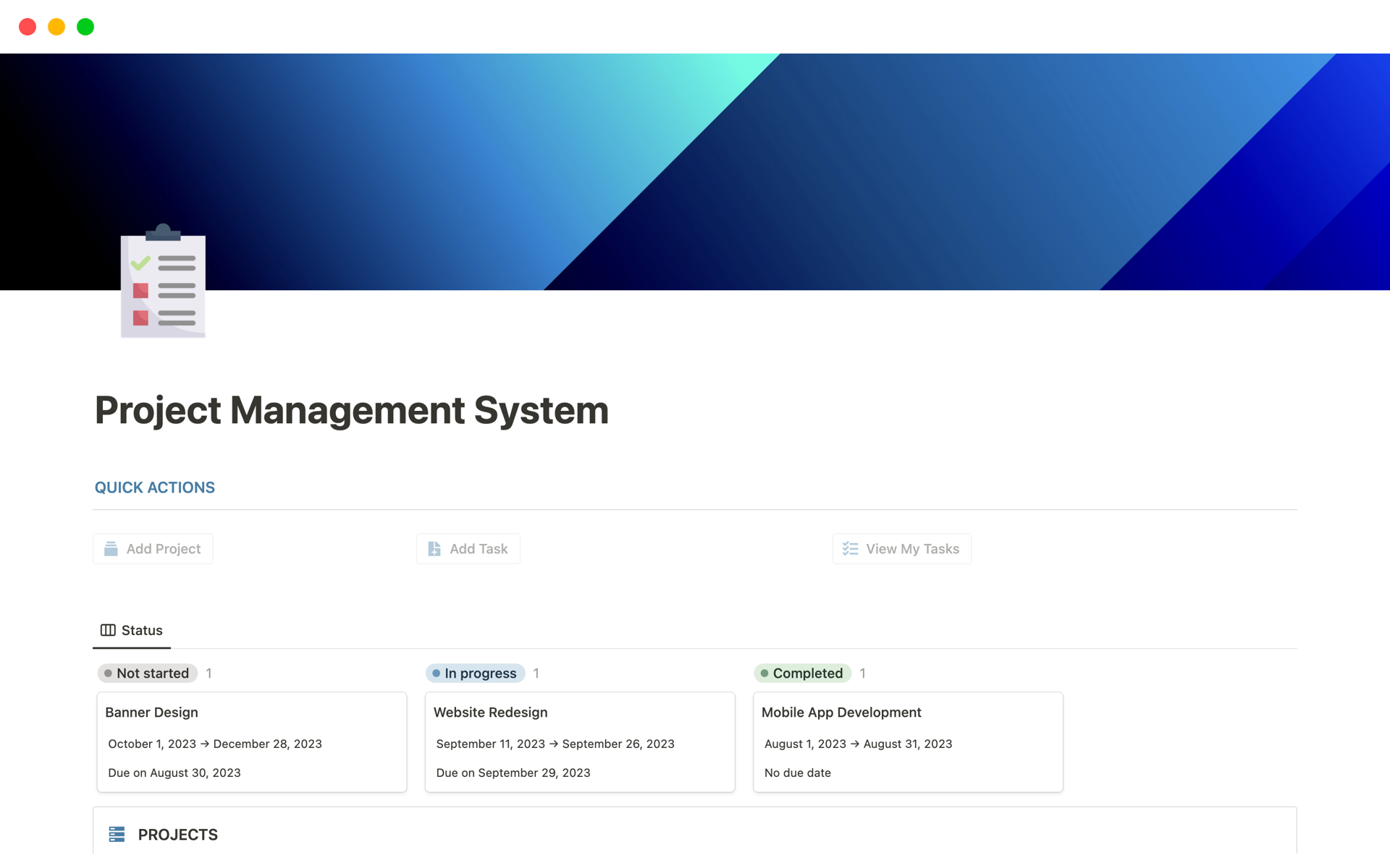 Eine Vorlagenvorschau für Project Management System