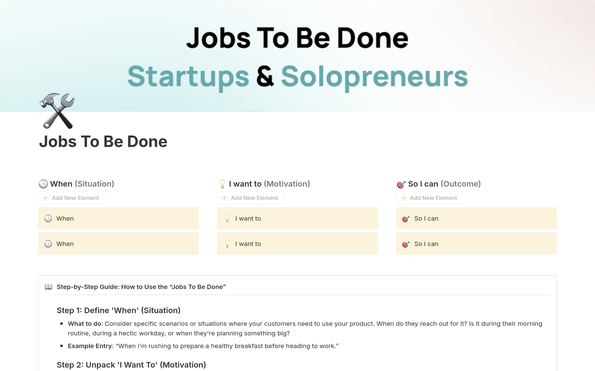 En förhandsgranskning av mallen för Jobs To Be Done for Startups & Solopreneurs