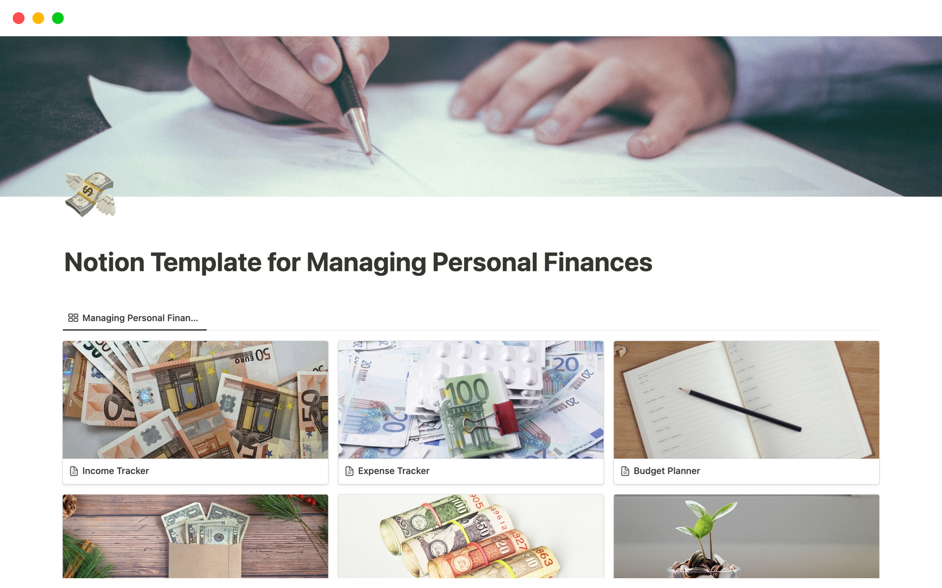 A template preview for Managing Personal Finances