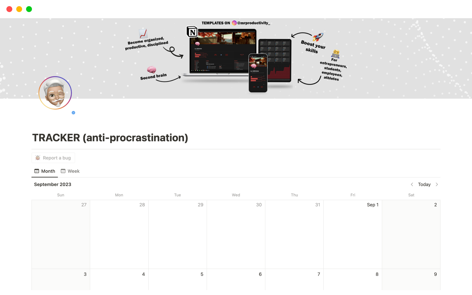 Supercharge your productivity with our anti-procrastination Tracker Notion template ! 
Designed for busy lifestyles, it simplifies the tracking of daily habits and the management of goals.
Minimalist and efficient, it's your secret weapon for goal achievement.
