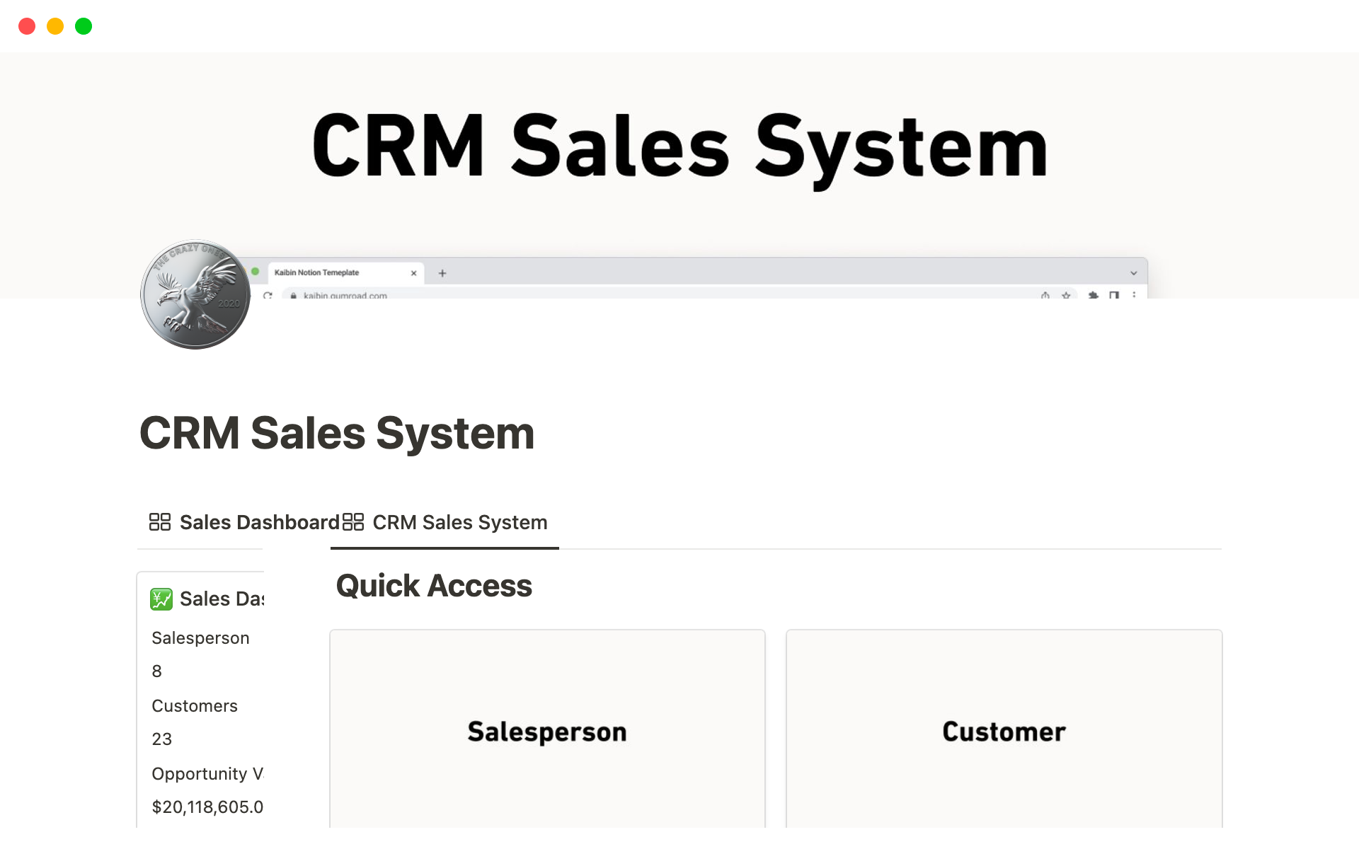 Vista previa de una plantilla para CRM Sales System