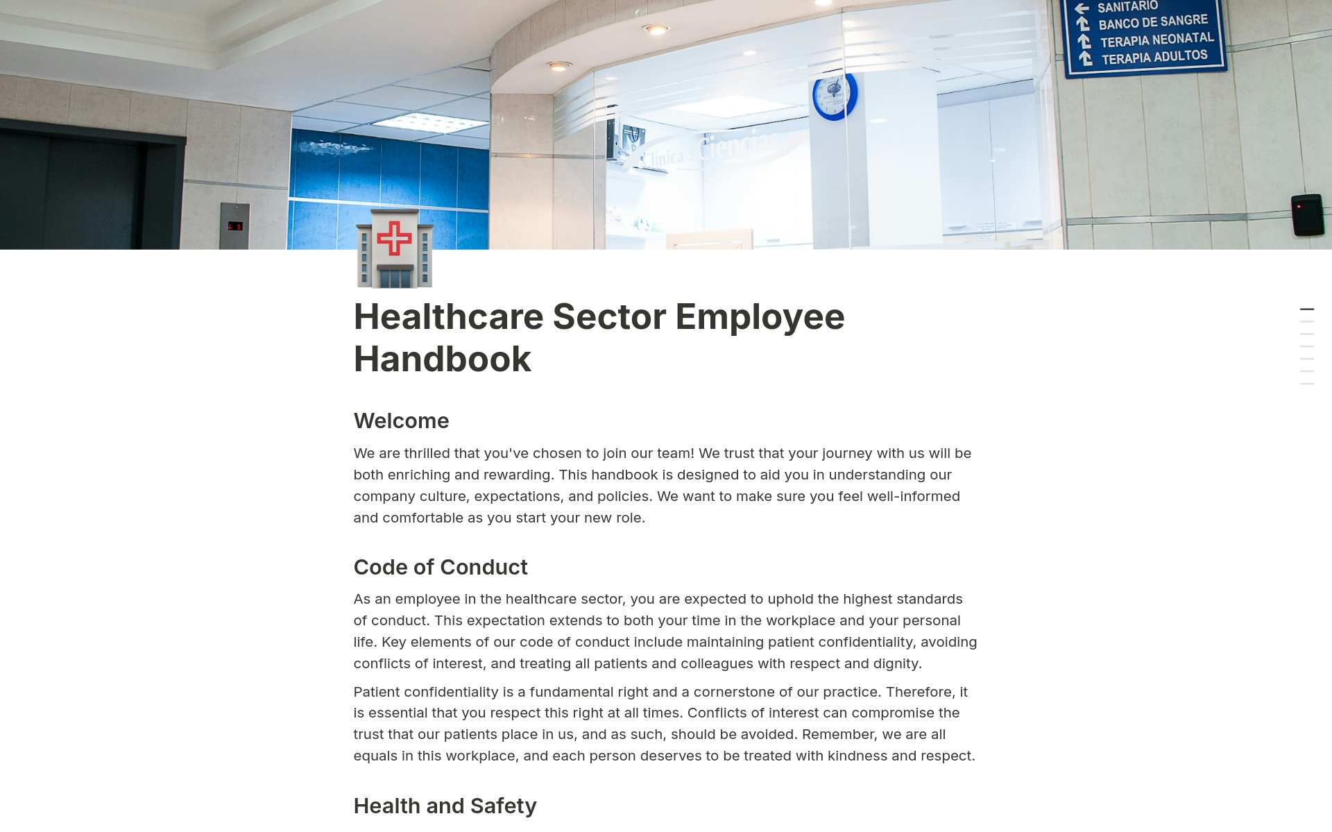 A template preview for Healthcare Sector Employee Handbook