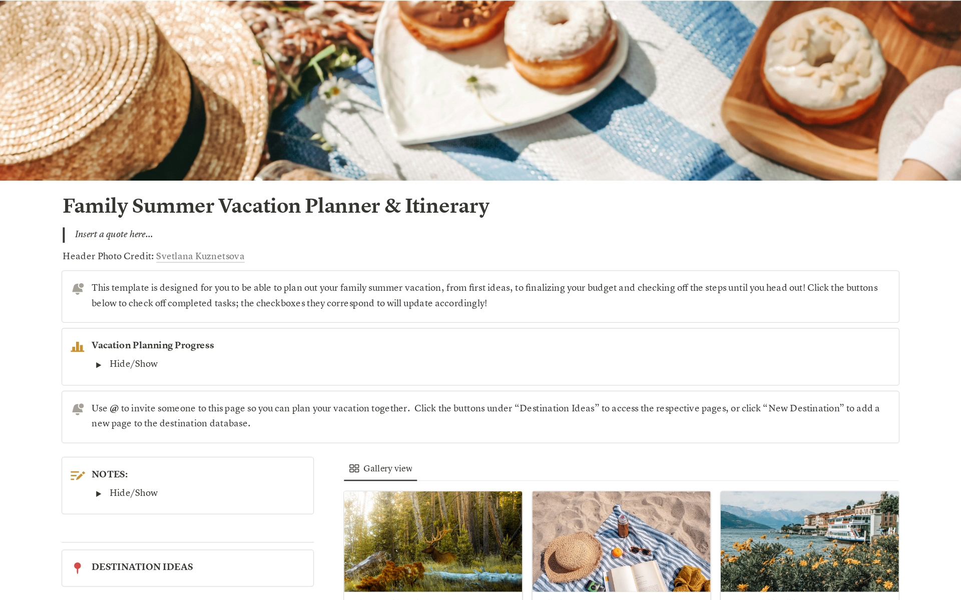 This template is designed to help you plan your family summer vacation by providing you with a planner equipped with sections for choosing your destination, writing up packing lists, a budget, and itinerary.