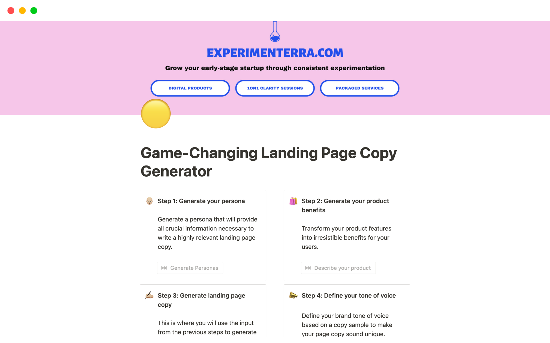 A template preview for Game-Changing AI Landing Page Copy Generator