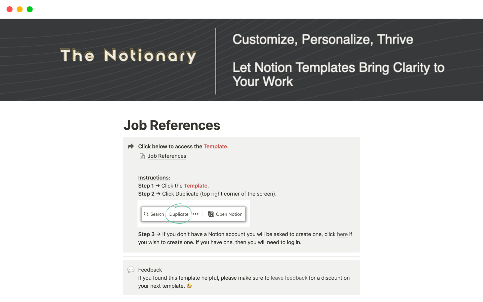 This document provides a Notion template for job references, with separate sections for interviewees and interviewers. 