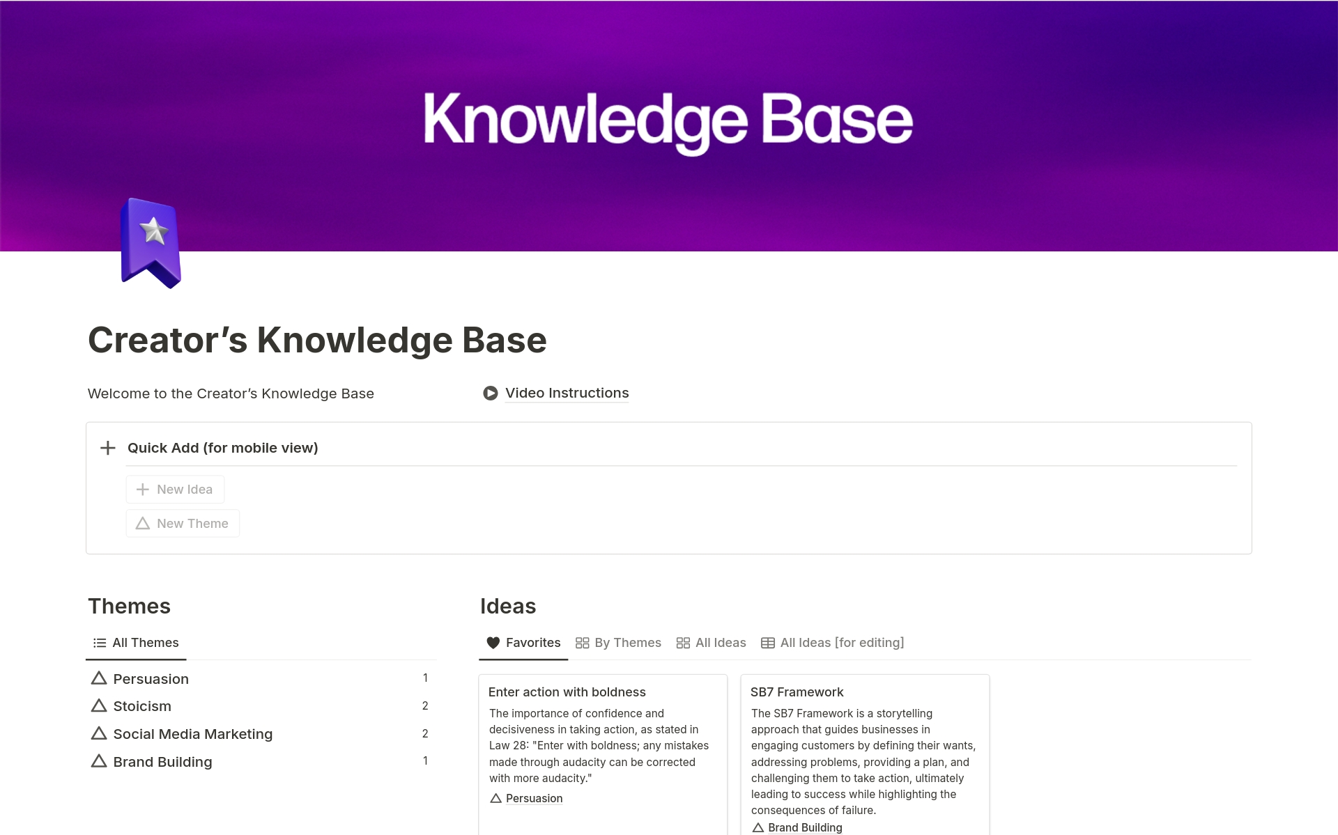 Uma prévia do modelo para Creator's Knowledge Base